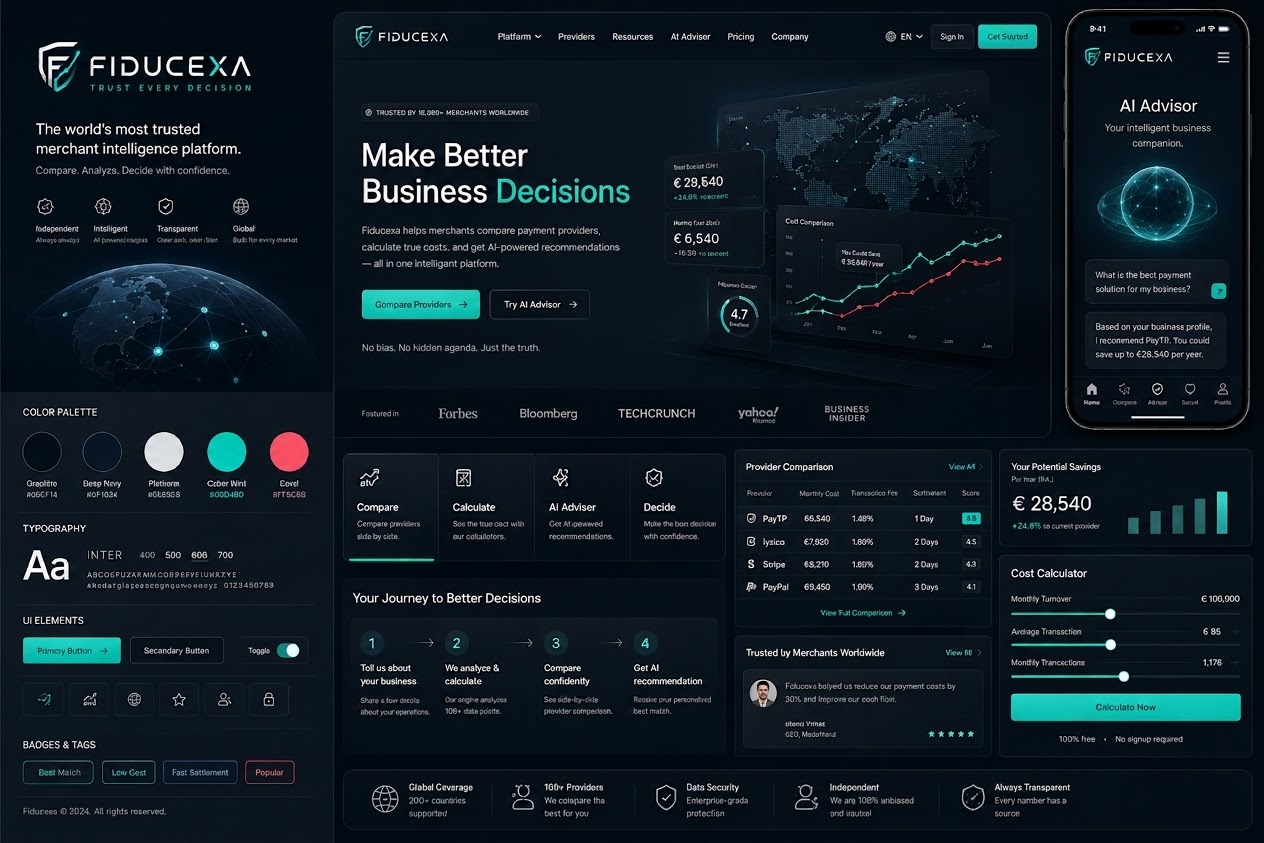 Fiducexa product vision concept board showing a premium dark merchant-intelligence interface, global visual context, analytical panels, calculator controls, and a mobile experience. All figures and interfaces shown are illustrative concept content.